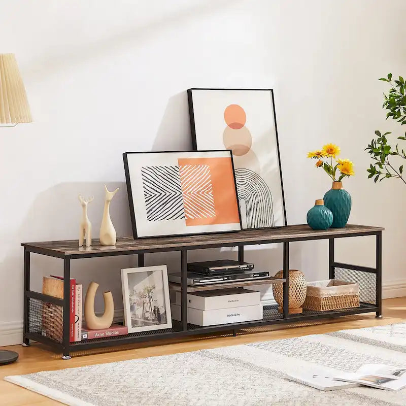 Mobile TV Industriale per Centro di Intrattenimento, Tavolino Consolle Multimediale con Contenitore e Scaffale a Rete per Soggiorno/Camera da Letto, Marrone