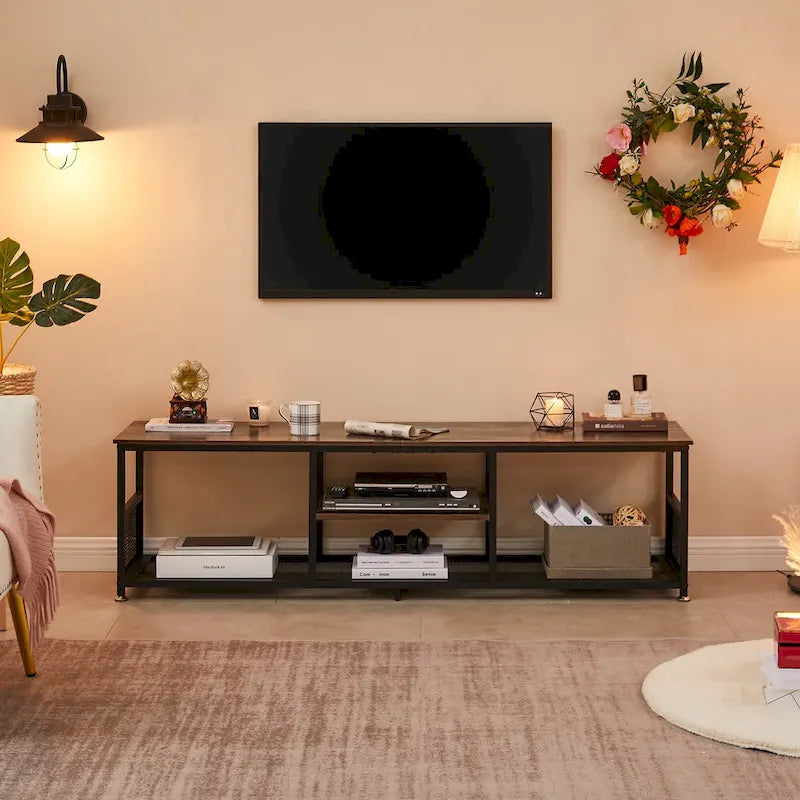 Mobile TV Industriale per Centro di Intrattenimento, Tavolino Consolle Multimediale con Contenitore e Scaffale a Rete per Soggiorno/Camera da Letto, Marrone