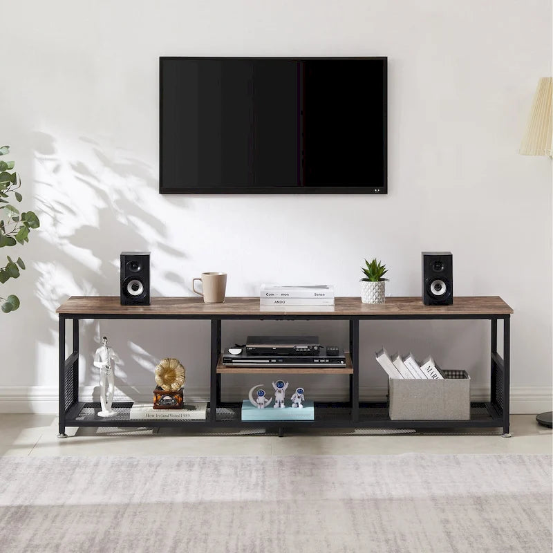 Mobile TV Industriale per Centro di Intrattenimento, Tavolino Consolle Multimediale con Contenitore e Scaffale a Rete per Soggiorno/Camera da Letto, Marrone