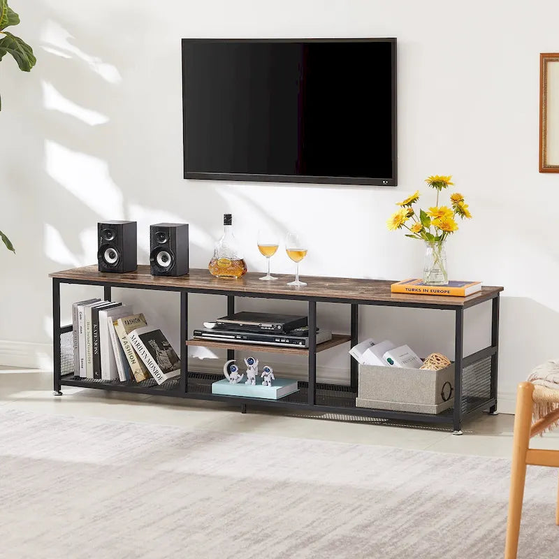 Mobile TV Industriale per Centro di Intrattenimento, Tavolino Consolle Multimediale con Contenitore e Scaffale a Rete per Soggiorno/Camera da Letto, Marrone