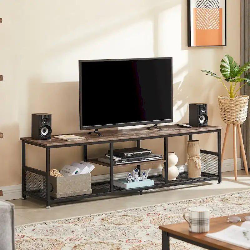 Mobile TV Industriale per Centro di Intrattenimento, Tavolino Consolle Multimediale con Contenitore e Scaffale a Rete per Soggiorno/Camera da Letto, Marrone