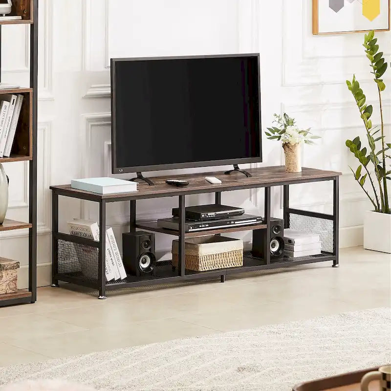 Mobile TV Industriale per Centro di Intrattenimento, Tavolino Consolle Multimediale con Contenitore e Scaffale a Rete per Soggiorno/Camera da Letto, Marrone