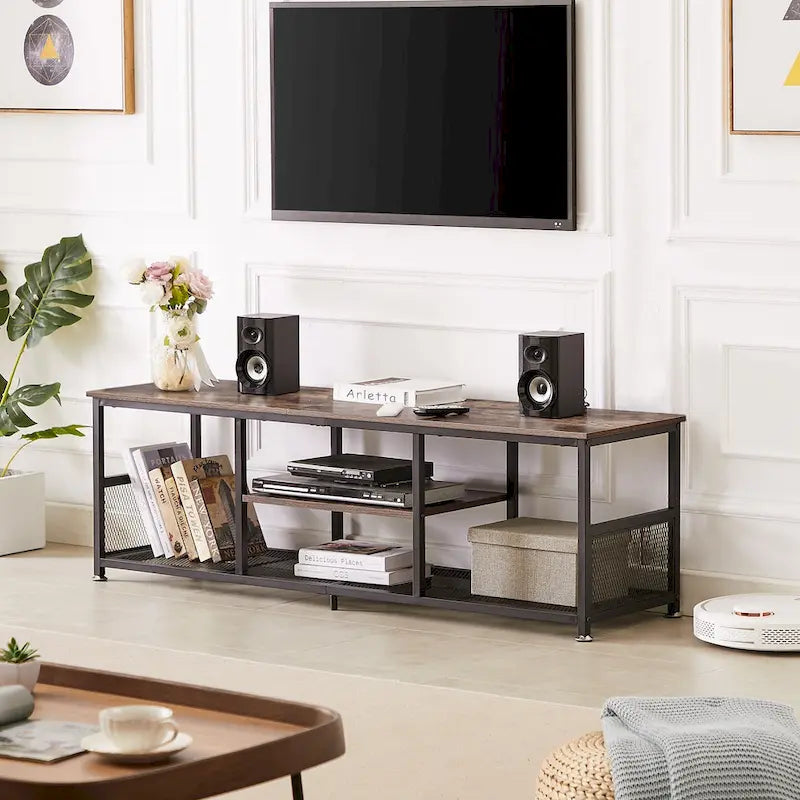 Mobile TV Industriale per Centro di Intrattenimento, Tavolino Consolle Multimediale con Contenitore e Scaffale a Rete per Soggiorno/Camera da Letto, Marrone