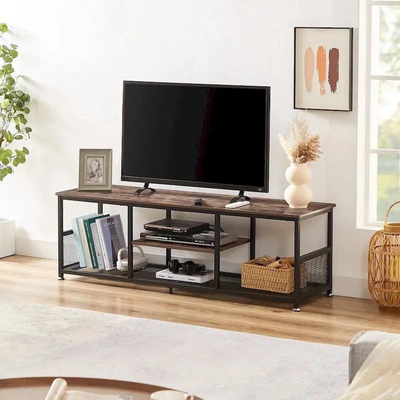 Mobile TV Industriale per Centro di Intrattenimento, Tavolino Consolle Multimediale con Contenitore e Scaffale a Rete per Soggiorno/Camera da Letto, Marrone