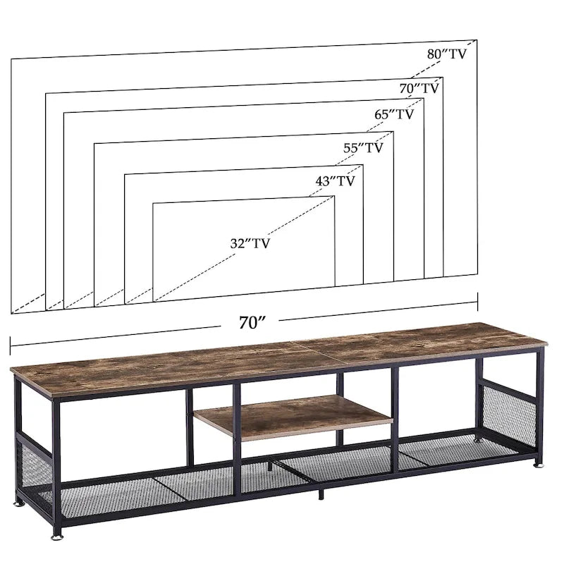 Mobile TV Industriale per Centro di Intrattenimento, Tavolino Consolle Multimediale con Contenitore e Scaffale a Rete per Soggiorno/Camera da Letto, Marrone