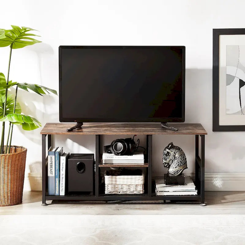 Mobile TV Industriale per Centro di Intrattenimento, Tavolino Consolle Multimediale con Contenitore e Scaffale a Rete per Soggiorno/Camera da Letto, Marrone