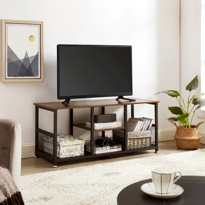 Mobile TV Industriale per Centro di Intrattenimento, Tavolino Consolle Multimediale con Contenitore e Scaffale a Rete per Soggiorno/Camera da Letto, Marrone
