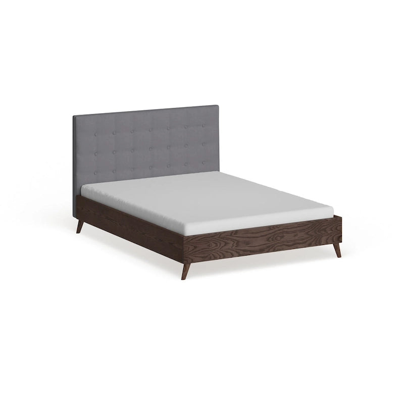Letto a piattaforma Harjavalta in legno di noce con rivestimento grigio, stile Mid-century