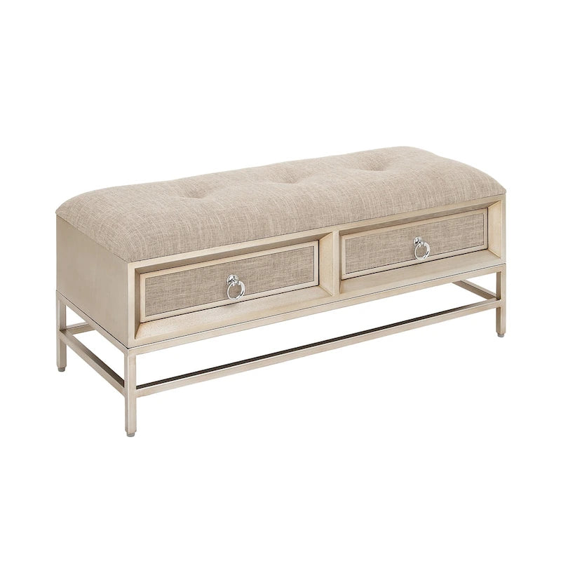 Panca Contenitore a 2 Cassetti Rivestita in Tessuto di Lino con Seduta Capitonnè e Maniglie ad Anello - Beige