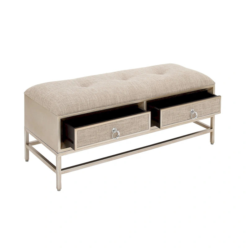 Panca Contenitore a 2 Cassetti Rivestita in Tessuto di Lino con Seduta Capitonnè e Maniglie ad Anello - Beige