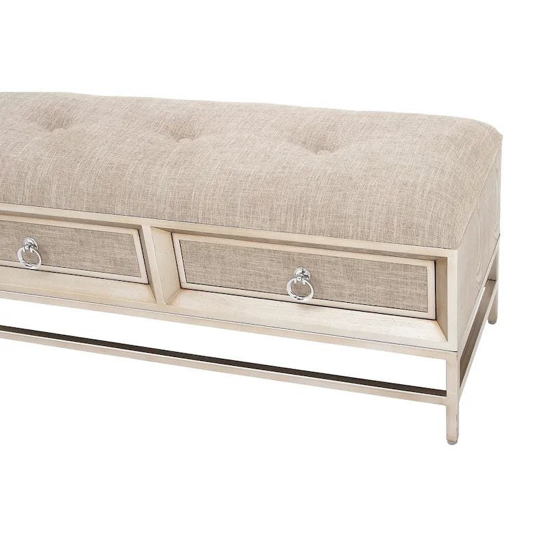 Panca Contenitore a 2 Cassetti Rivestita in Tessuto di Lino con Seduta Capitonnè e Maniglie ad Anello - Beige