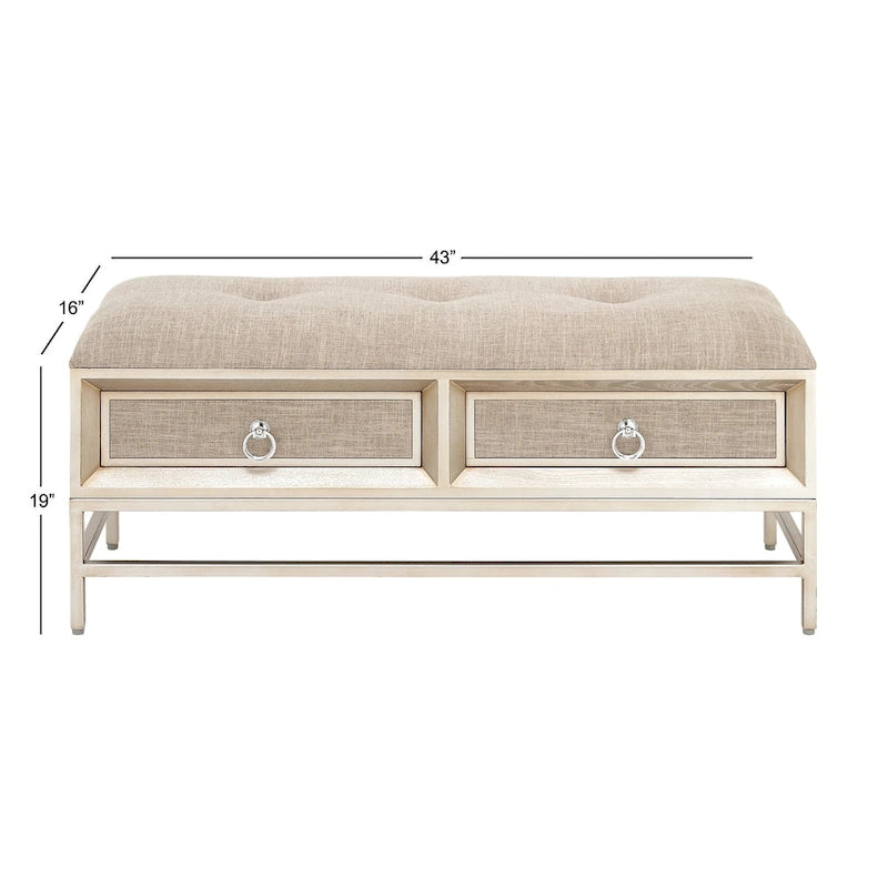 Panca Contenitore a 2 Cassetti Rivestita in Tessuto di Lino con Seduta Capitonnè e Maniglie ad Anello - Beige