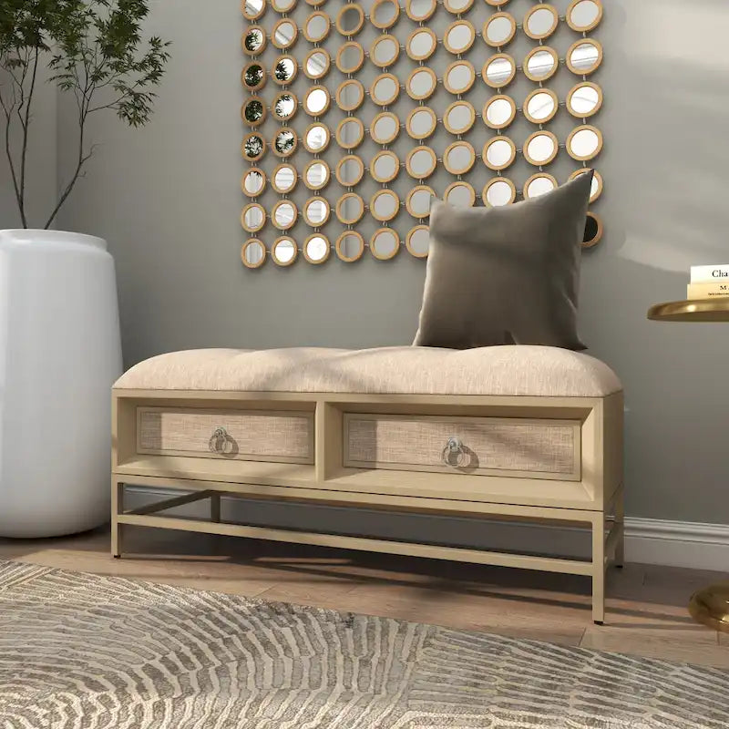 Panca Contenitore a 2 Cassetti Rivestita in Tessuto di Lino con Seduta Capitonnè e Maniglie ad Anello - Beige