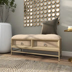 Panca Contenitore a 2 Cassetti Rivestita in Tessuto di Lino con Seduta Capitonnè e Maniglie ad Anello - Beige