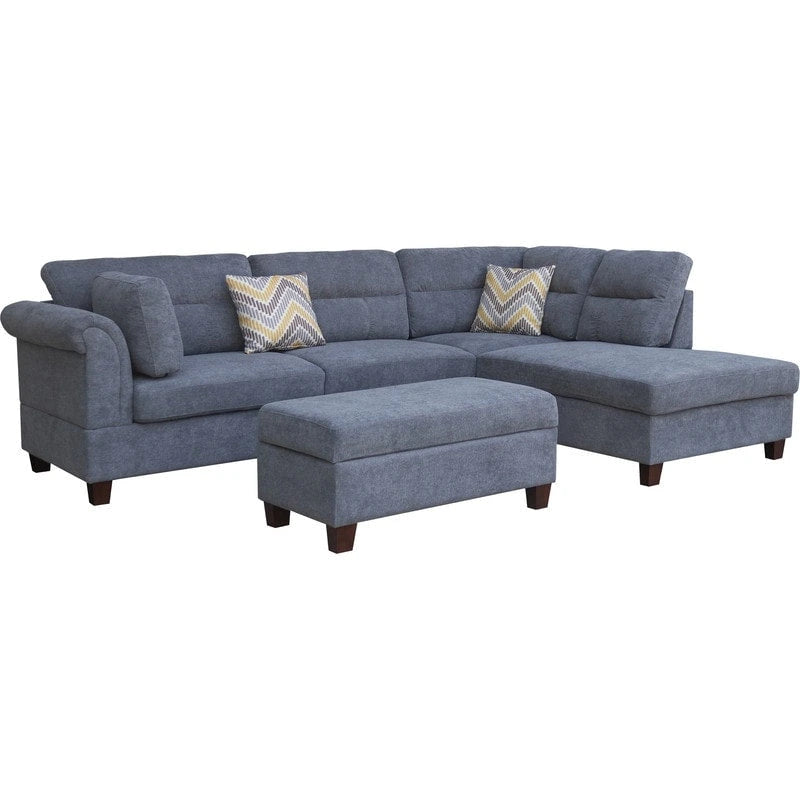 Divano sezionale in tessuto Diego 103.5 con chaise longue a destra, pouf contenitore e 2 cuscini decorativi