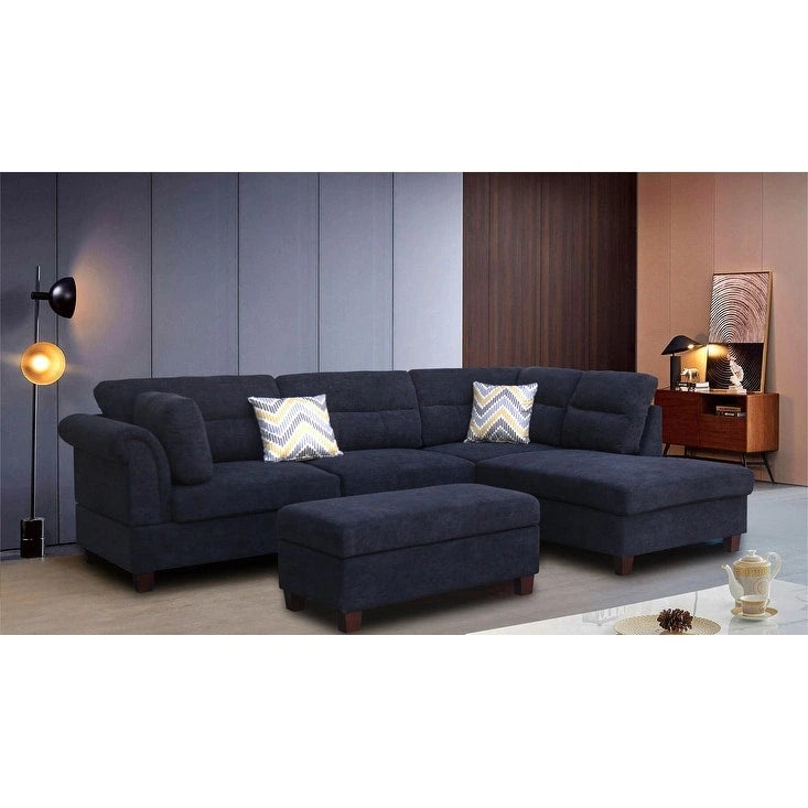 Divano sezionale in tessuto Diego 103.5 con chaise longue a destra, pouf contenitore e 2 cuscini decorativi