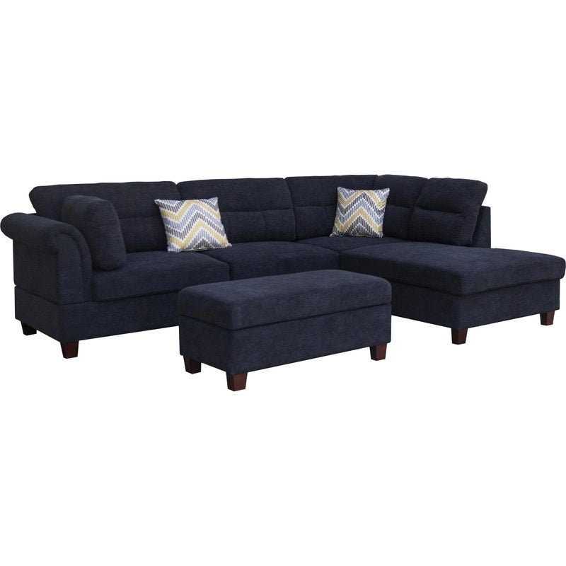 Divano sezionale in tessuto Diego 103.5 con chaise longue a destra, pouf contenitore e 2 cuscini decorativi