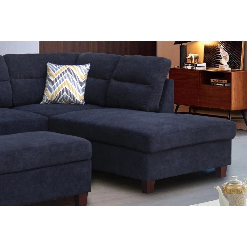 Divano sezionale in tessuto Diego 103.5 con chaise longue a destra, pouf contenitore e 2 cuscini decorativi