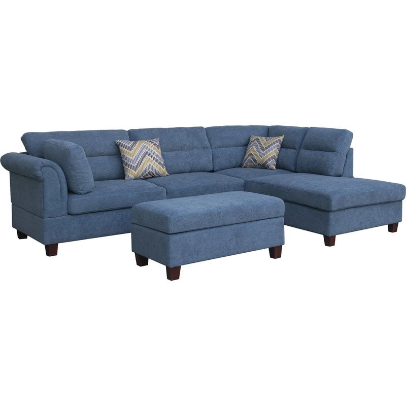 Divano sezionale in tessuto Diego 103.5 con chaise longue a destra, pouf contenitore e 2 cuscini decorativi