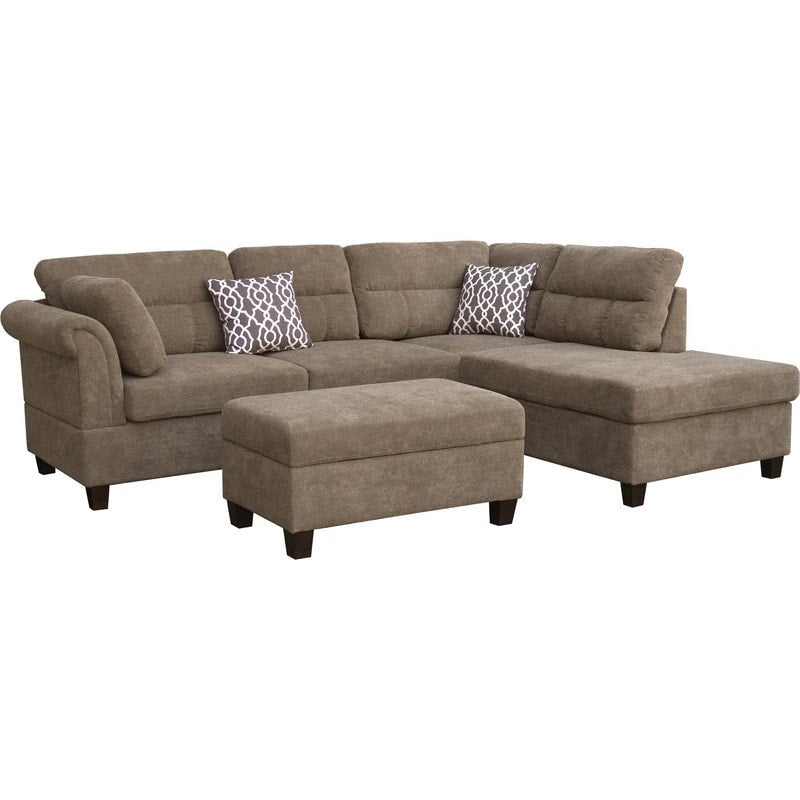 Divano sezionale in tessuto Diego 103.5 con chaise longue a destra, pouf contenitore e 2 cuscini decorativi