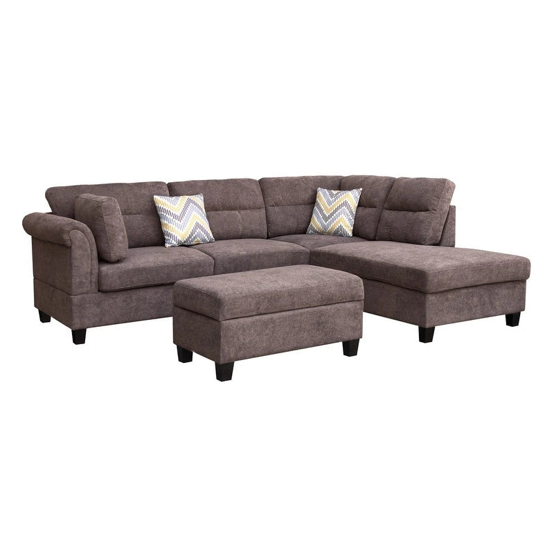 Divano sezionale in tessuto Diego 103.5 con chaise longue a destra, pouf contenitore e 2 cuscini decorativi