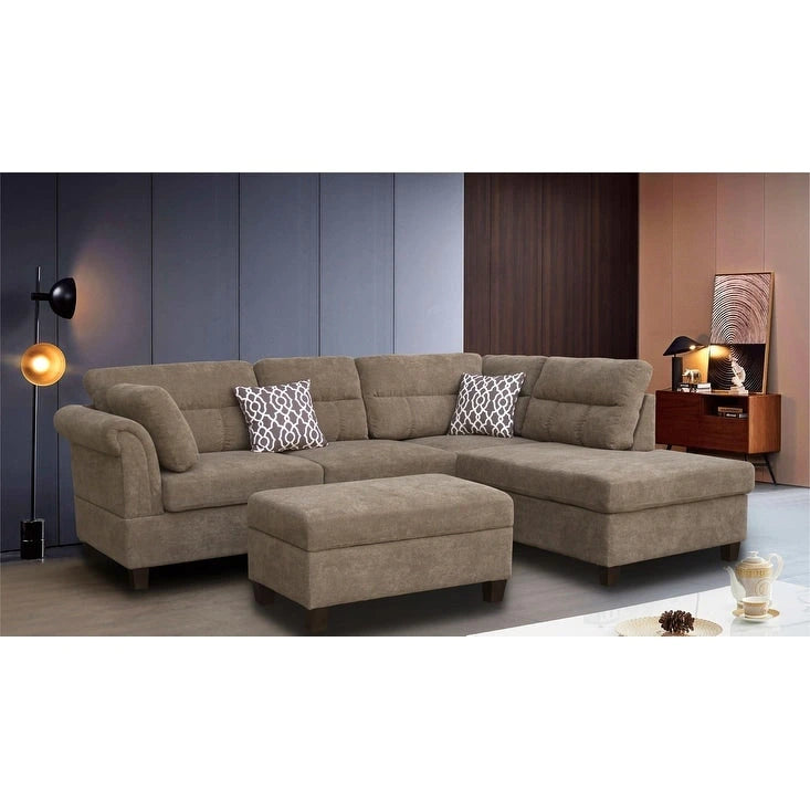 Divano sezionale in tessuto Diego 103.5 con chaise longue a destra, pouf contenitore e 2 cuscini decorativi