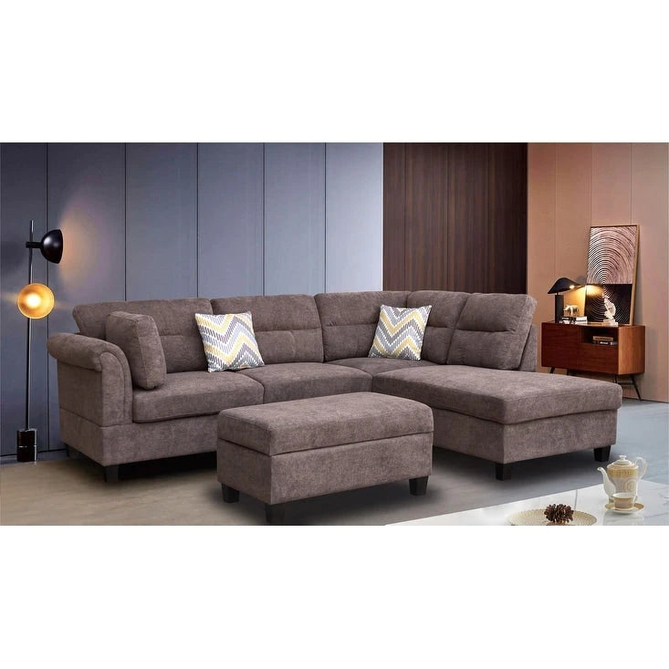 Divano sezionale in tessuto Diego 103.5 con chaise longue a destra, pouf contenitore e 2 cuscini decorativi