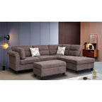 Divano sezionale in tessuto Diego 103.5 con chaise longue a destra, pouf contenitore e 2 cuscini decorativi