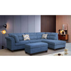 Divano sezionale in tessuto Diego 103.5 con chaise longue a destra, pouf contenitore e 2 cuscini decorativi