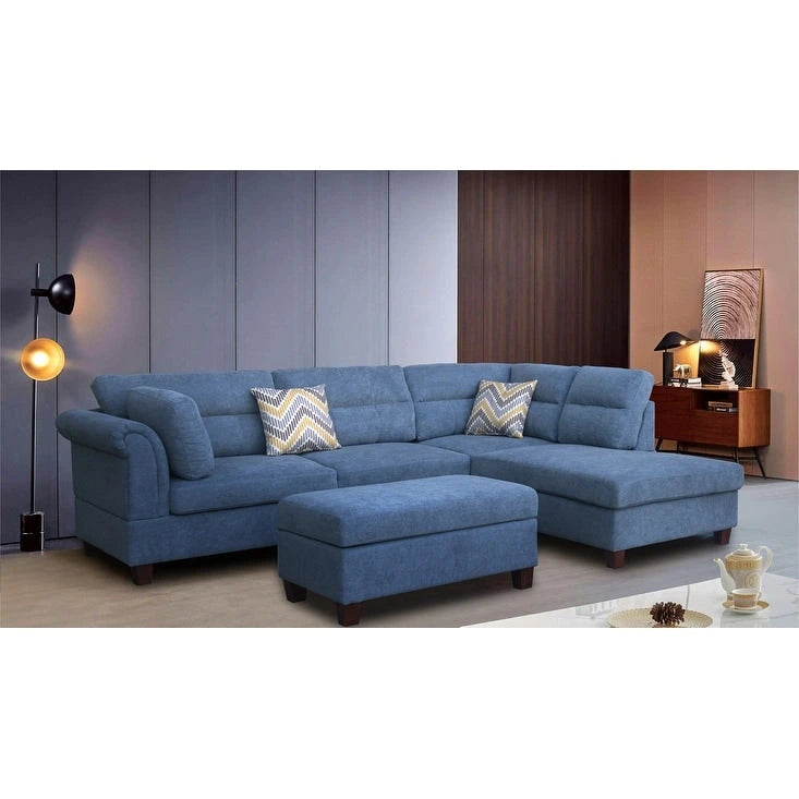 Divano sezionale in tessuto Diego 103.5 con chaise longue a destra, pouf contenitore e 2 cuscini decorativi