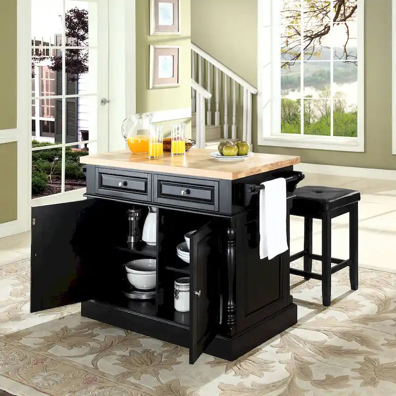 Isola da cucina Oxford con piano in legno massello e finitura nera con sgabelli - 47,75 L x 23 P x 35,75 A