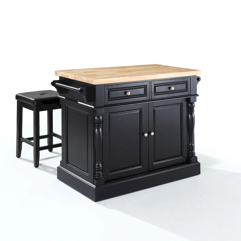 Isola da cucina Oxford con piano in legno massello e finitura nera con sgabelli - 47,75 L x 23 P x 35,75 A
