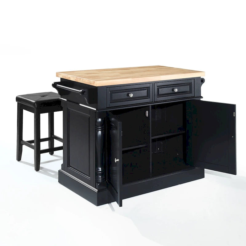 Isola da cucina Oxford con piano in legno massello e finitura nera con sgabelli - 47,75 L x 23 P x 35,75 A
