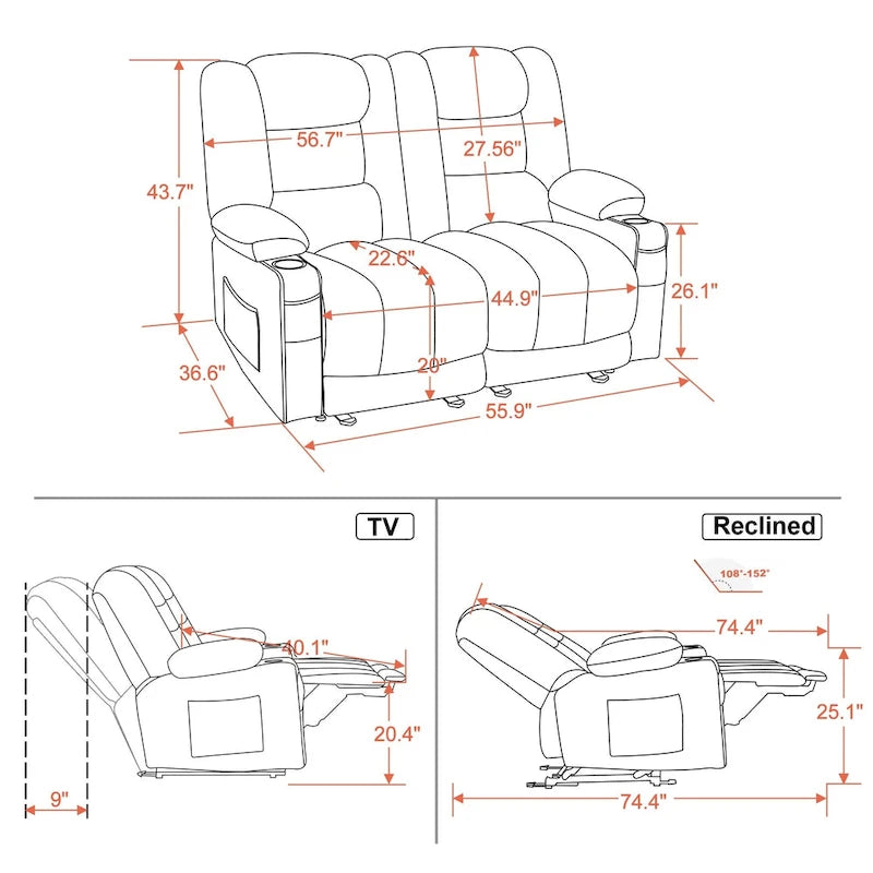 Divano a due posti reclinabile elettricamente con funzione calore e massaggio, in tessuto PR648