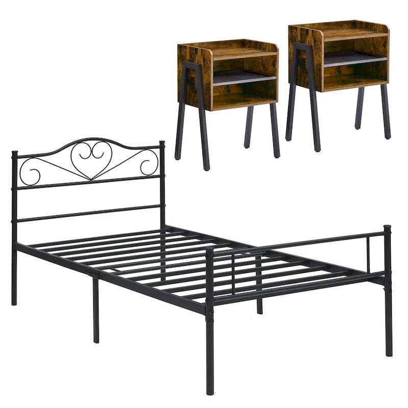 Camera da letto 3 pezzi con letto a piattaforma nero e 2 comodini