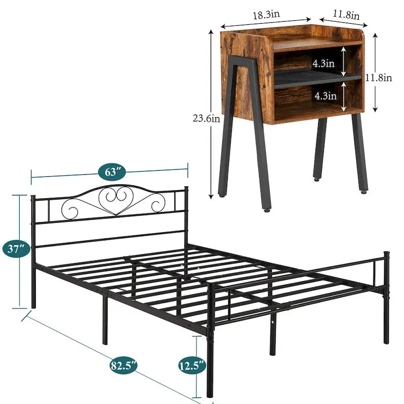 Camera da letto 3 pezzi con letto a piattaforma nero e 2 comodini