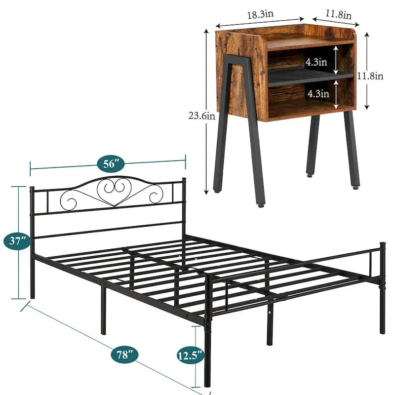 Camera da letto 3 pezzi con letto a piattaforma nero e 2 comodini