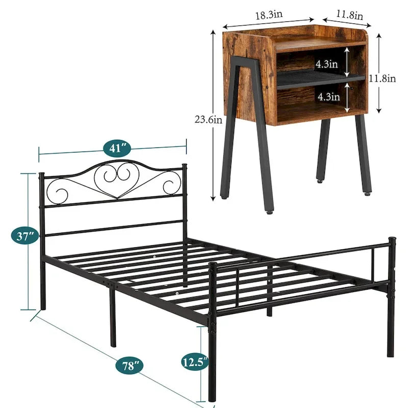 Camera da letto 3 pezzi con letto a piattaforma nero e 2 comodini
