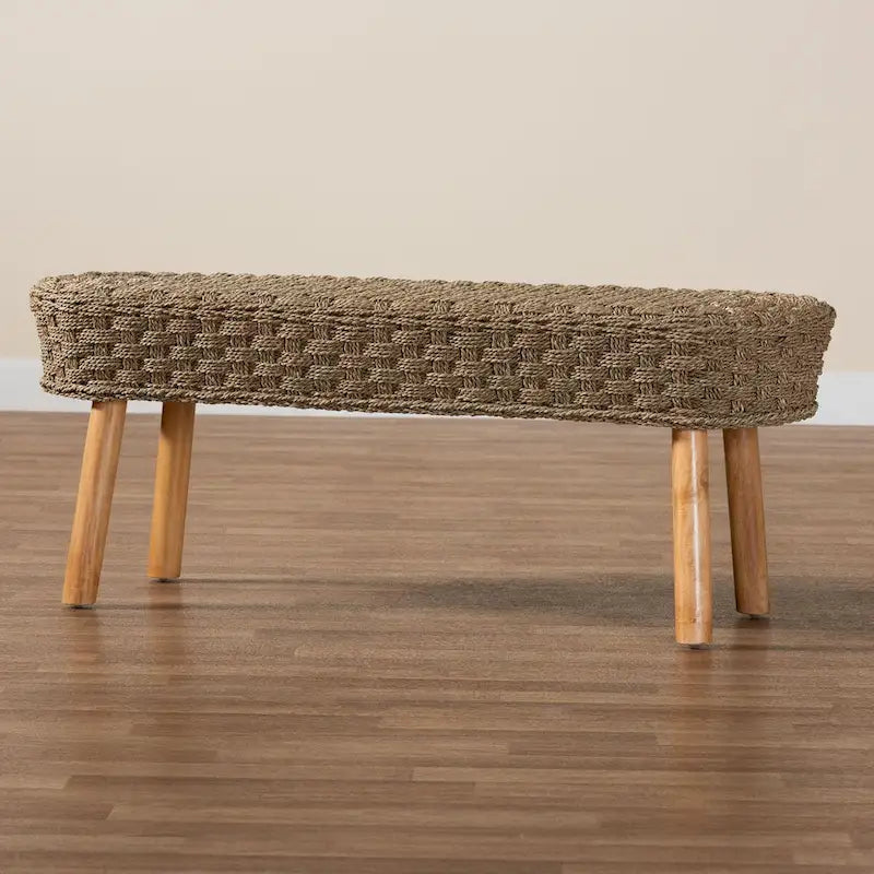 Panca d'appoggio Denver Modern Bohemian in legno di acacia e erba marina naturale