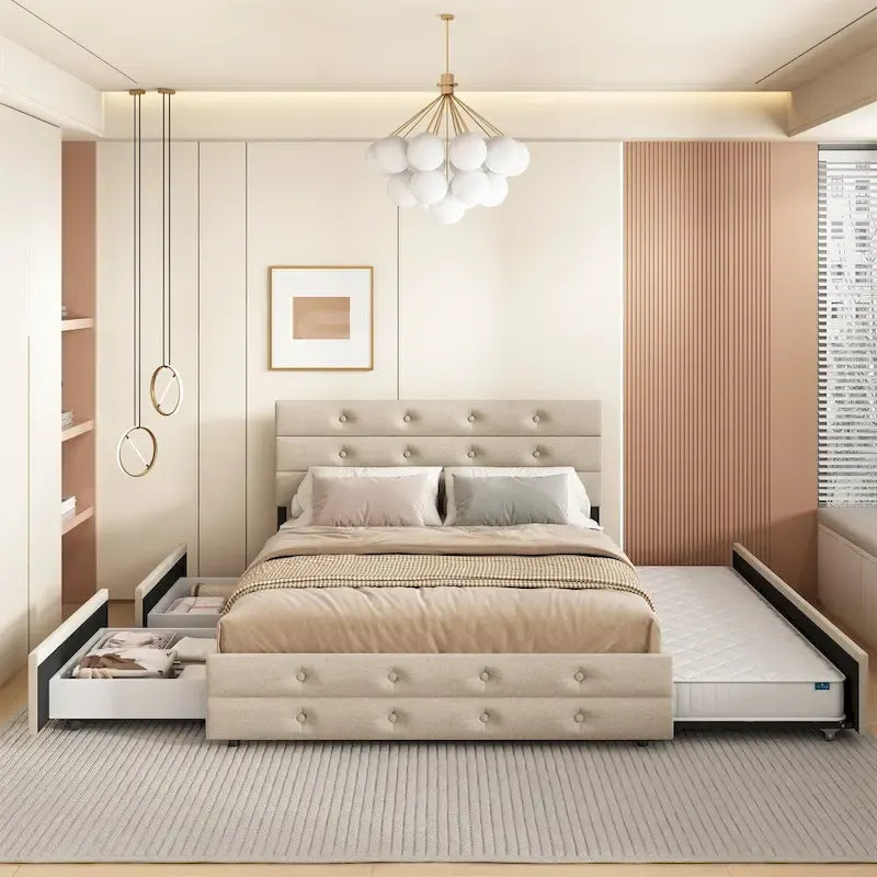 Letto estraibile Queen Size in tessuto di lino imbottito