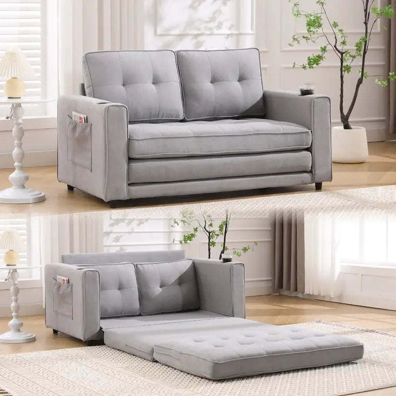 Divano futon imbottito con divano letto estraibile, divanetto trapuntato pieghevole multicolore con portabicchieri