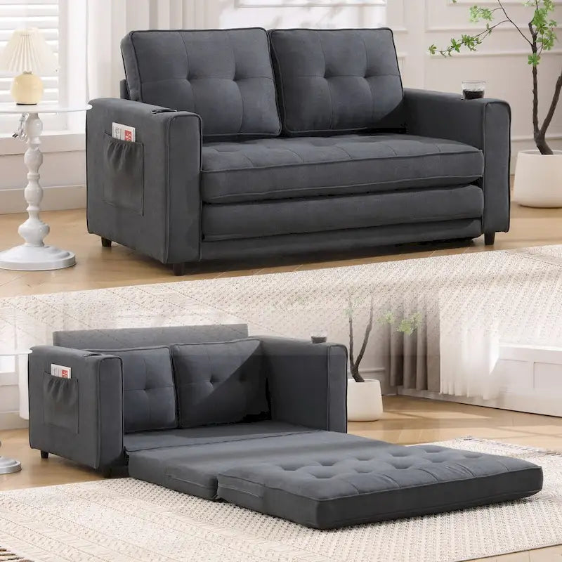 Divano futon imbottito con divano letto estraibile, divanetto trapuntato pieghevole multicolore con portabicchieri
