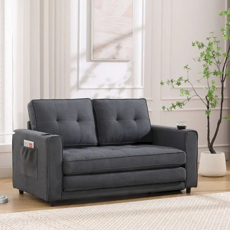 Divano futon imbottito con divano letto estraibile, divanetto trapuntato pieghevole multicolore con portabicchieri