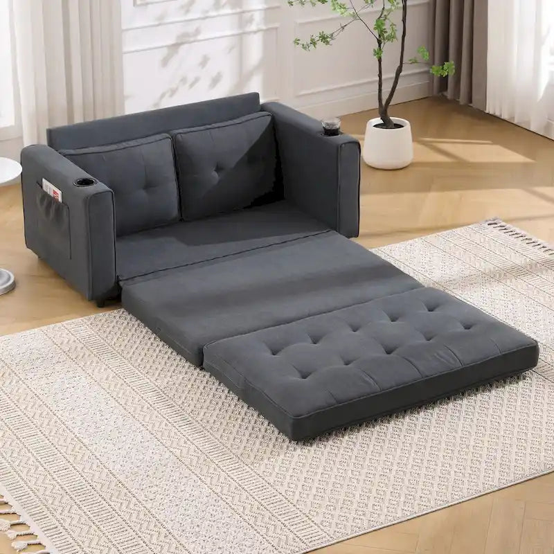 Divano futon imbottito con divano letto estraibile, divanetto trapuntato pieghevole multicolore con portabicchieri