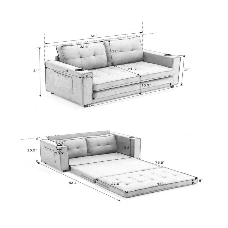 Divano futon imbottito con divano letto estraibile, divanetto trapuntato pieghevole multicolore con portabicchieri