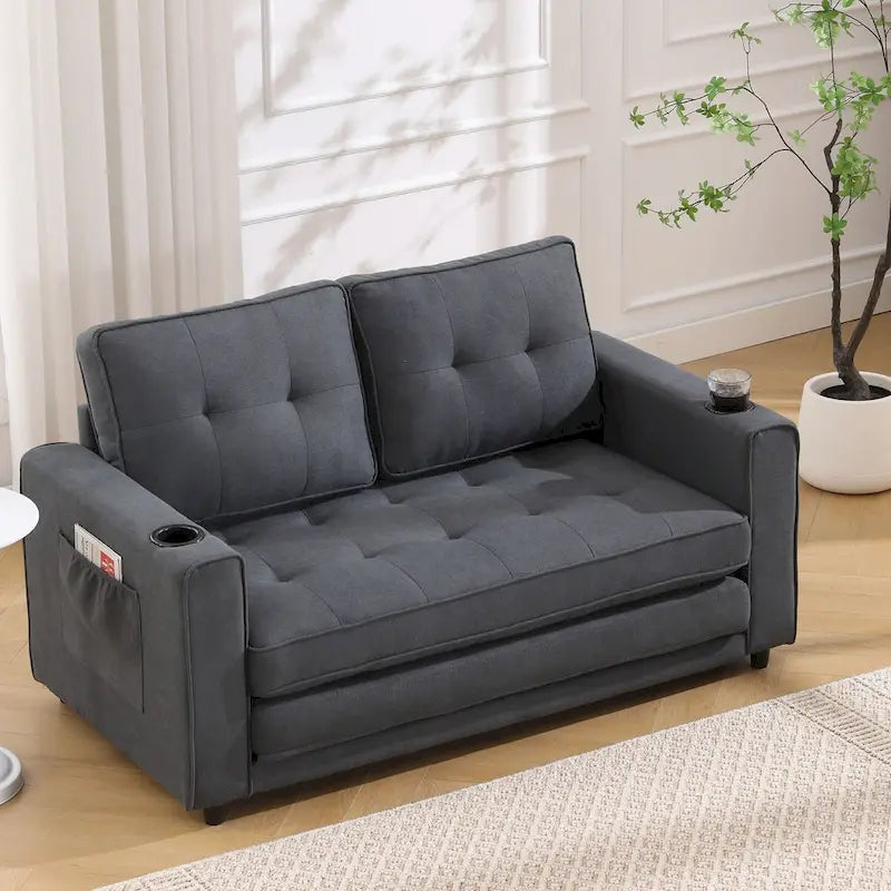 Divano futon imbottito con divano letto estraibile, divanetto trapuntato pieghevole multicolore con portabicchieri