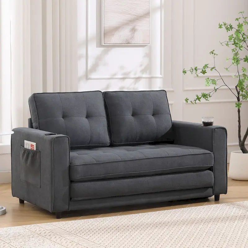 Divano futon imbottito con divano letto estraibile, divanetto trapuntato pieghevole multicolore con portabicchieri