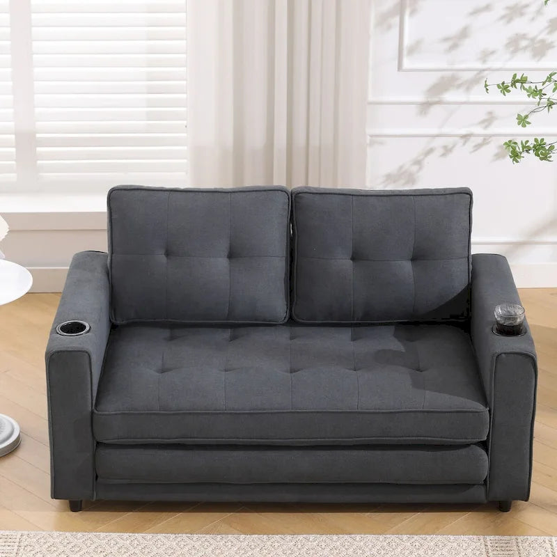 Divano futon imbottito con divano letto estraibile, divanetto trapuntato pieghevole multicolore con portabicchieri