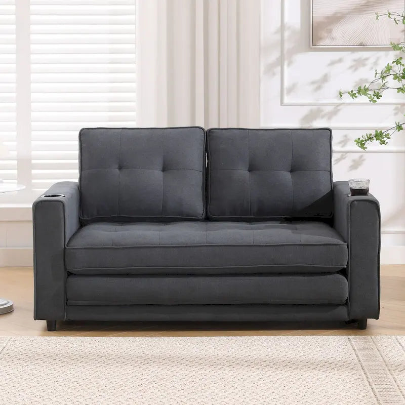 Divano futon imbottito con divano letto estraibile, divanetto trapuntato pieghevole multicolore con portabicchieri