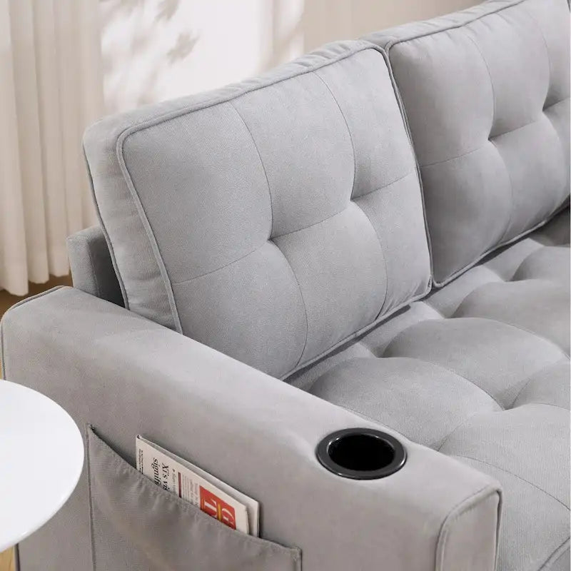 Divano futon imbottito con divano letto estraibile, divanetto trapuntato pieghevole multicolore con portabicchieri